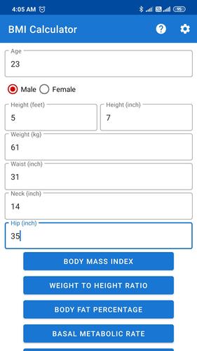 BMI,BMR and Fat % Calculator